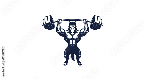 A muscular horse figure, dark blue silhouette lifting a barbell overhead, facing front
