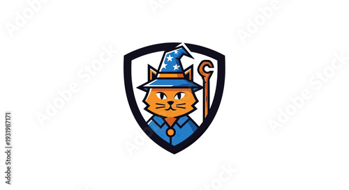 A cartoon cat wizard wearing a hat and cloak stands with a staff inside a shield