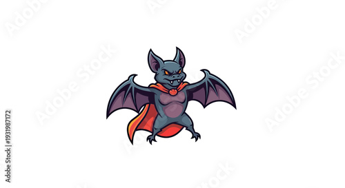 Cartoon bat with cape and fierce expression on white. Vector illustration for Halloween or fantasy
