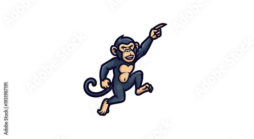 Cartoon monkey in mid-jump, pointing upwards. Dark fur, lighter skin, white background