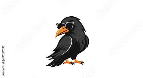 A stylized raven wearing sunglasses. Bright orange beak & feet, against a white background