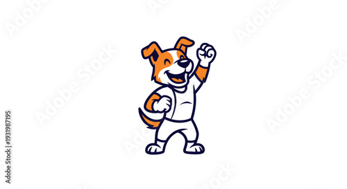 A cartoon dog mascot, with orange and white fur, celebrating victory with raised fist