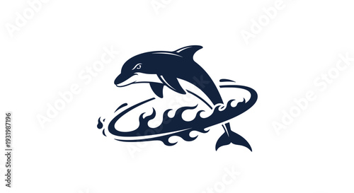 Stylized illustration of a dolphin leaping through a water-themed arch on a white background