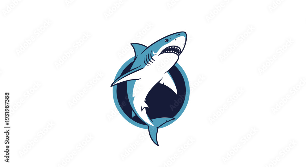 Obraz premium A cartoon shark in a stylized circular emblem, rendered in shades of blue against a white background