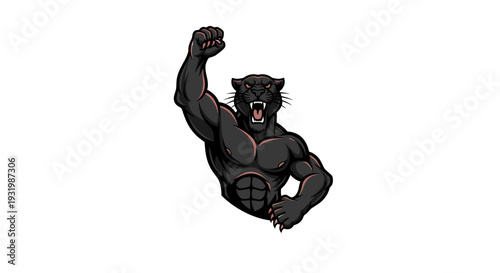 Muscular black feline, clenched fist raised, fierce expression, on white background