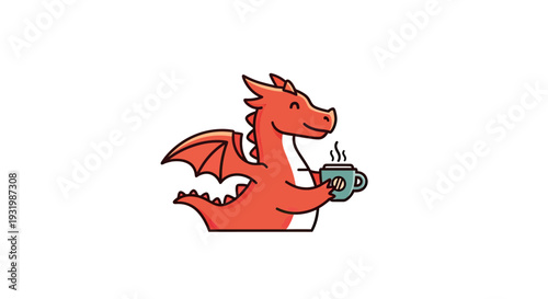 Cartoon red dragon smiling, holding a blue mug of steaming coffee against a white background