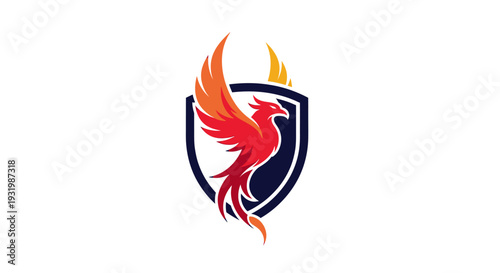 A stylized phoenix, with red and orange plumage, rises from a shield on a white background