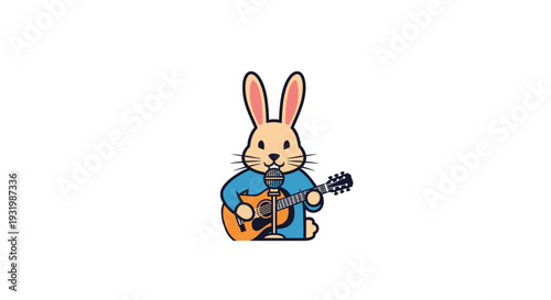 An anthropomorphic bunny sings into a microphone while holding an acoustic guitar