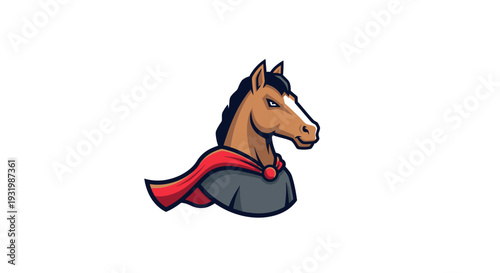 A horse illustration in a superhero outfit. A red cape and a gray shirt. Vector