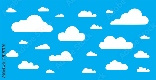 Clouds set on blue sky background. different shapes of white fluffy clouds cartoon vector illustration