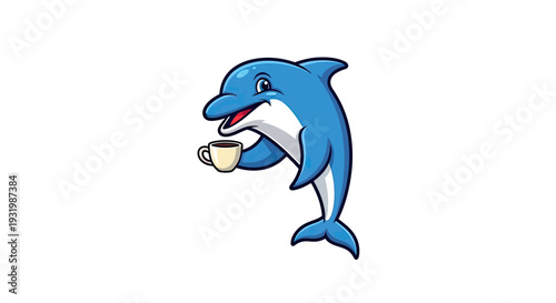 A cheerful cartoon dolphin, blue and white, holding a coffee cup, set against a blank backdrop