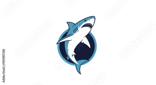 A cartoon shark in a stylized circular emblem, rendered in shades of blue against a white background