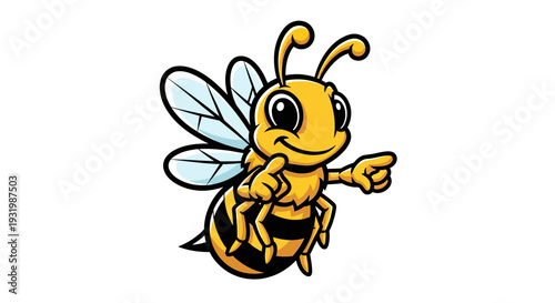Animated cartoon honeybee with a friendly expression, pointing to the right