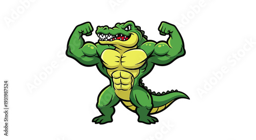 Cartoon illustration of a muscular green alligator flexing its biceps. Isolated on white