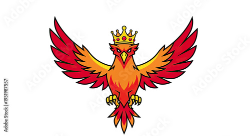 A fiery bird of myth, crowned, with wings spread wide, on a white background