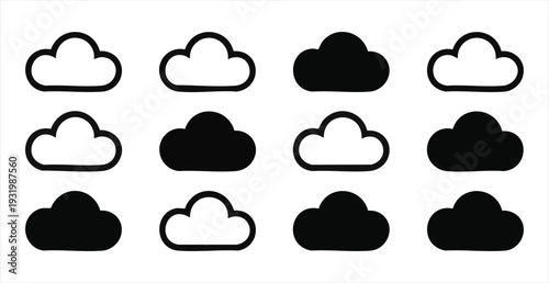 Simple cloud icons set outline and solid filled cloud shapes for ui design elements