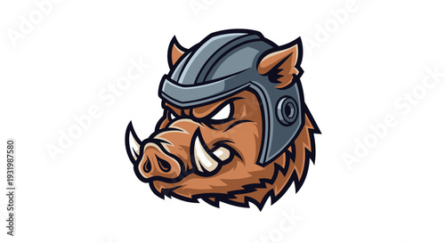 A detailed cartoon illustration of a boar's head wearing a helmet