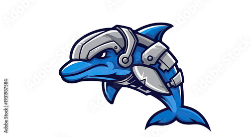 A blue cartoon dolphin with futuristic armor on a white background