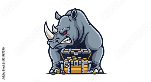 Cartoon rhino guarding treasure chest filled with gold coins, pearls, & fierce expression
