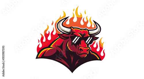 Fierce cartoon bull wearing sunglasses with flames background