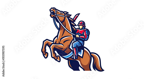Illustration of a horse rearing with a rider in uniform. Bold colors and linework on a white background
