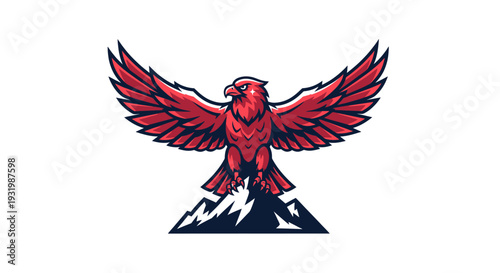 Red eagle emblem with spread wings, perched on jagged mountain peaks