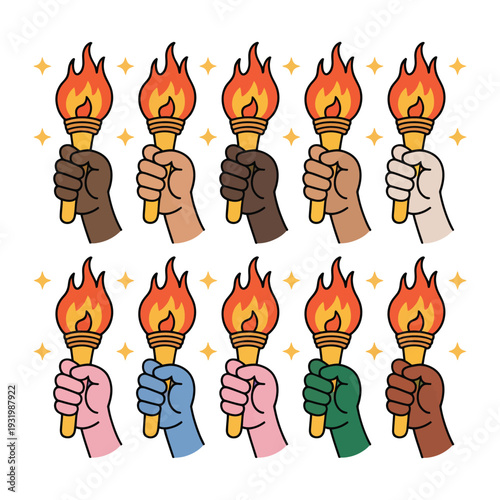 Ten diverse hands firmly grasp and raise burning torches to symbolize.
