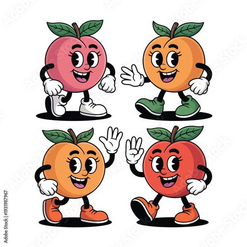 Four colorful anthropomorphic peach characters waving cheerfully in.