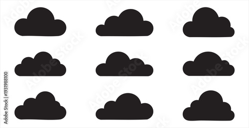 Set of nine silhouette clouds in black and white on a clean background