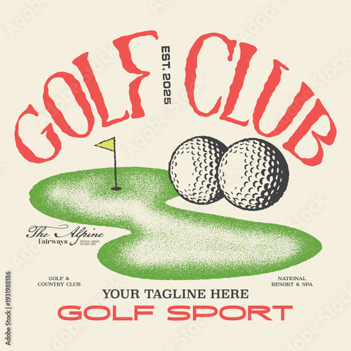 Vintage Alpine Fairways Golf T-Shirt Design, Retro EST 2025 Golf Sport Illustration, Red and Green Country Club Graphic, National Resort & Spa Golfing Vector for Print on Demand.