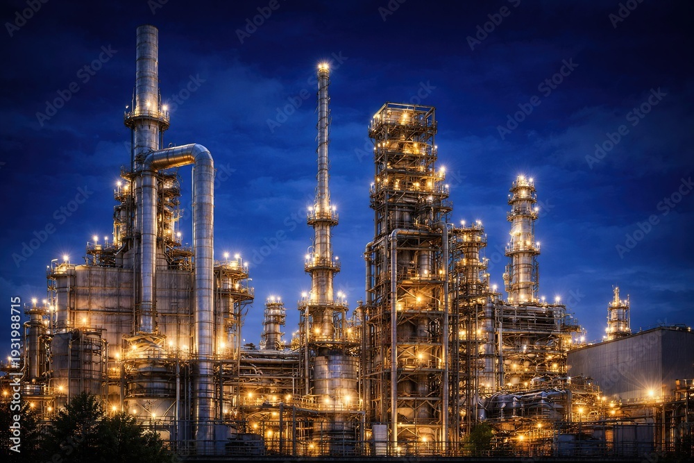 Obraz premium Illuminated enriched uranium production plant in a nighttime industrial environment with advanced technological infrastructure, nuclear energy concept, strategic industry and scientific development.