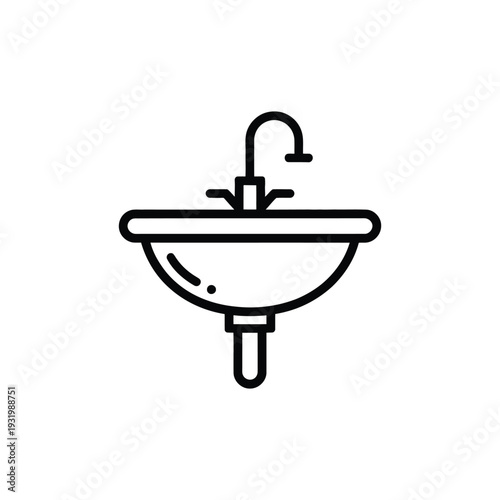 Plumbing sink basin with faucet is shown as a simple black outline icon.