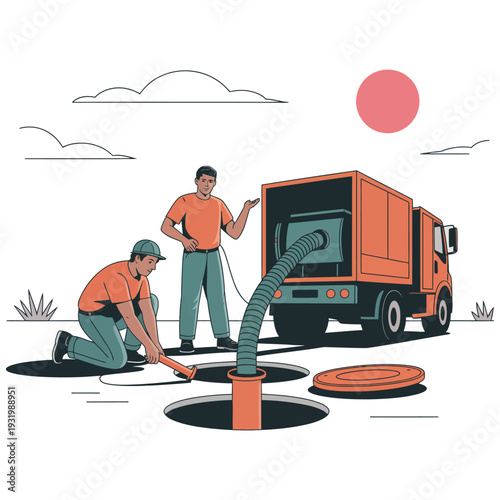 Two workers empty a septic tank using a large hose connected to a truck.