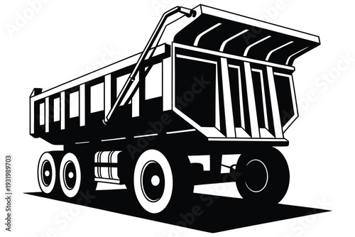 Heavy Duty Agriculture Dump Trailer Vector Illustration - Industrial Farm Equipment for Grain and Soil Transport - Black and White Silhouette Icon