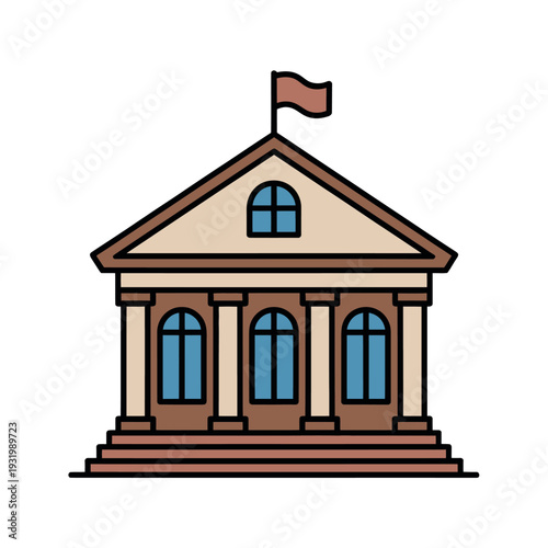 A cartoon illustration of a government building with a flag on top and columns in front.