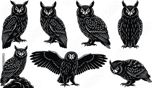Owl silhouette collection set, detailed nocturnal bird illustrations with wings spread and perched poses isolated on white background