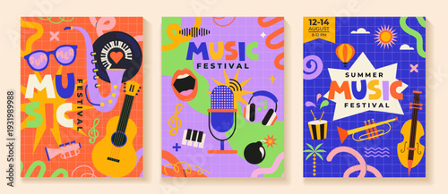 Set of summer music festival flyers on fun childish background. Musical fest party,concept of live music festival, jazz and rock event. Posters with musical instrument and vinyl record. Vector