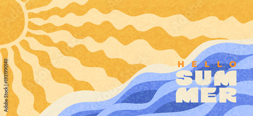 Greeting summer with hello on background with wavy sea, wavy hand drawn sun rays. Happy summer textured theme. Bright positive vibe design. Template for sales, posters, covers, fashion, ads. Vector
