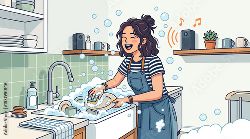Happy young woman singing while washing dishes in kitchen with bluetooth speaker