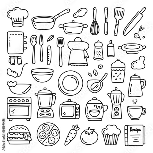 Extensive Hand-Drawn Kitchen Utensils and Cooking Doodle Art