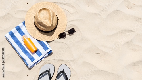 Summer Beach Essentials Flat Lay with Straw Hat Sunglasses Sunscreen and Towel on White Sand
