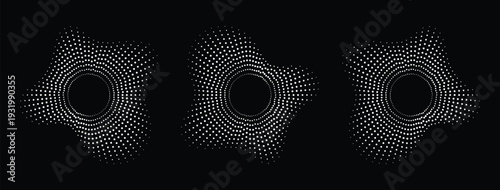 Abstract geometric wave patterns forming dynamic circular illusions. Minimal futuristic dots creating motion symmetry. Modern generative art design on dark background.