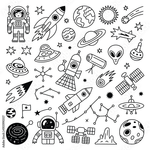 Galactic Space Exploration and Astronomical Science Doodle Set