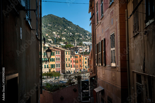 Picturesque village across colored historic houses with shutters on Nervi, Ge...