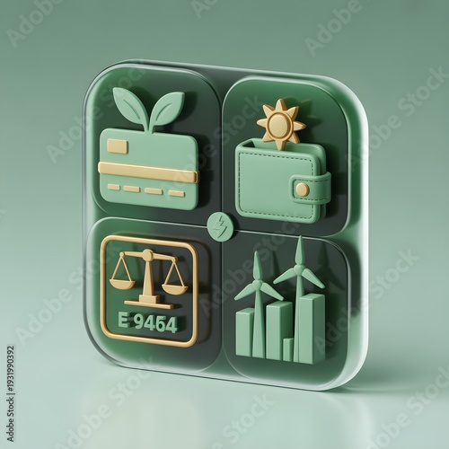Sustainable energy icons set with eco-friendly symbols and wallet