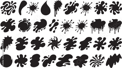 Colour ink blots. Colourful paint splatters and drips in organic splashes. Bright, playful, bold abstract graffiti spots for kids art blobs, comics, pop art design. Vector isolated set