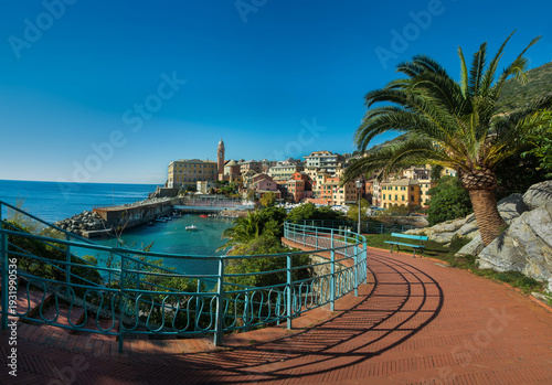 Picturesque village of Nervi, embankment, harbor with boats on the waterfront...