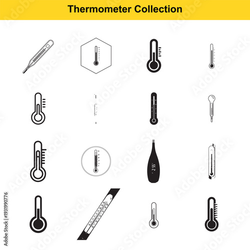 Various thermometer icons displaying different measurement styles, including digital and mercury types, suitable for temperature tracking and illness representation.
