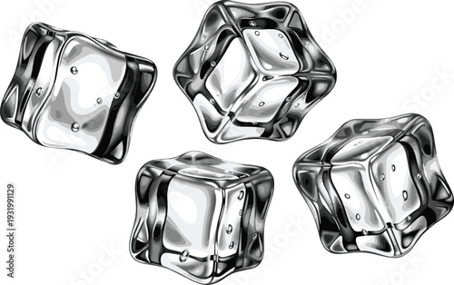 Four High Contrast Black and White Vector Ice Cubes with Detailed Reflections and Sparkling Refractions for Modern Beverage Art, Abstract Cooling Designs, and Artistic Graphics