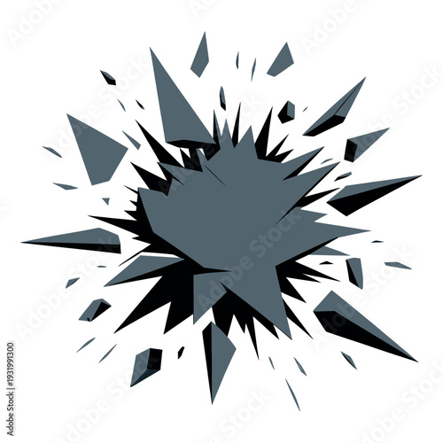 A graphic illustration of a dark grey explosion on a white background with sharp fragments flying outward